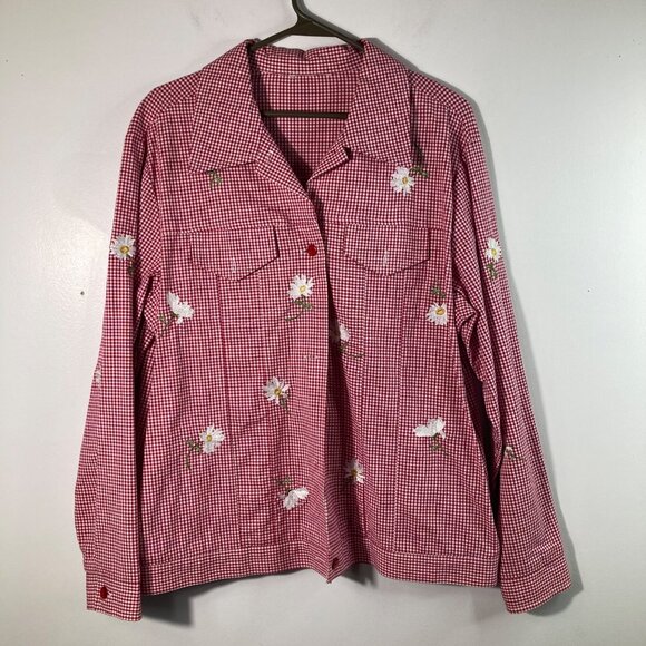 No Brand Jackets & Blazers - Womens Gingham Daisy‎ Button Jacket L Red White Long Sleeve Pockets